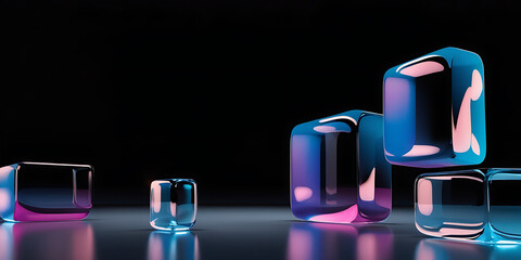 3D dark background with abstract glass block pattern. Crystal glossy square or rectangle shapes stacked with pink blue hologram gradient reflection. Futuristic digital tech banner