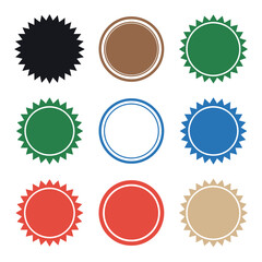 A collection of assorted circular and starburst-shaped badges or seals in various colors.