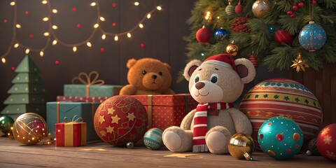 Christmas teddy bear with gift box full of colorful ornaments. Christmas background.