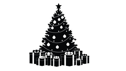 A black silhouette of a decorated christmas tree with presents underneath it isolated on white
