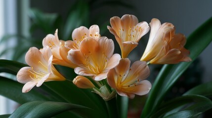 Fototapeta premium Flowers bloom in a sunny room with houseplants and bright colors during the afternoon light