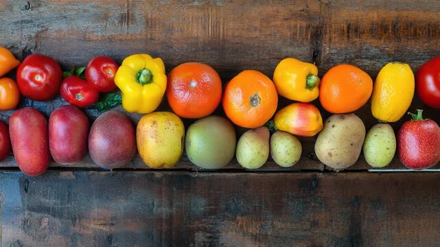 A variety of fruits and vegetables arranged on a wooden table, great for use in still life , food blogging, or as a decorative element