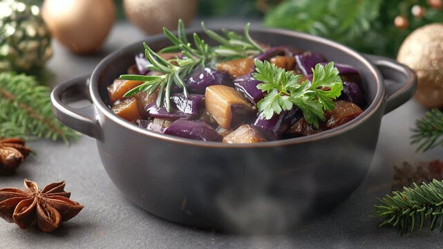 Eggplant compote in dish on the table with smoke