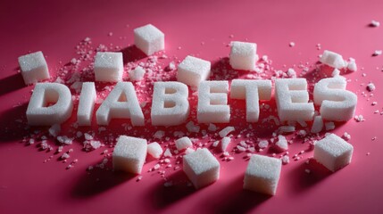 Word diabetes made from sugar cubes surrounded by broken pieces on pink background