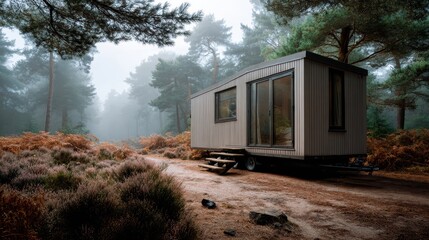 Modern tiny house on wheels in misty pine forest landscape during autumn