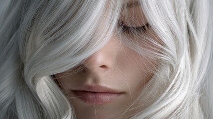 Extreme closeup of a woman's face with soft white hair falling over closed eyes and lips, representing the Cloud Dancer color of the year 2026.