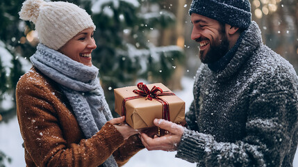 A couple exchanges a gift in a snow-covered outdoor setting, sharing a joyous moment of connection during the winter season, complete with warm attire and the magic of snowfall.