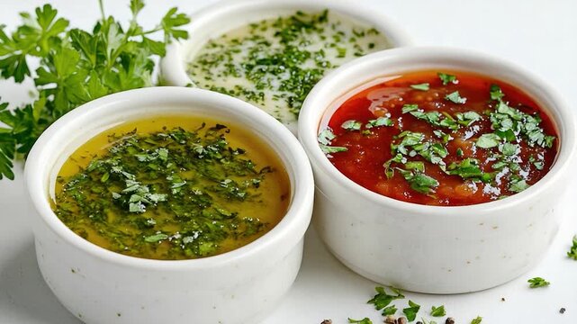 Three small condiment bowls on a clean white surface, great for food presentation or  props