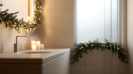 Serene bathroom sink adorned with festive holiday greenery and soft candle lights, evoking a warm and inviting ambiance. Perfect for a relaxing soak in the bath.