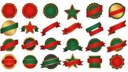 set of red and green christmas badge isolated on transparent background 