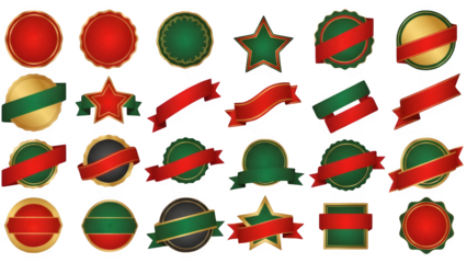 set of red and green christmas badge isolated on transparent background 