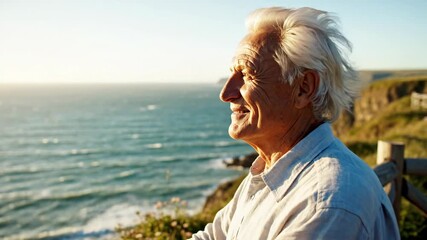 An elderly man smiles, gazing at a sunlit ocean view. Waves crash by a green cliff
