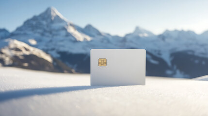 A sleek, white credit card stands starkly against the snowy backdrop of towering mountains under a clear blue sky, hinting at financial freedom amidst nature's grandeur.