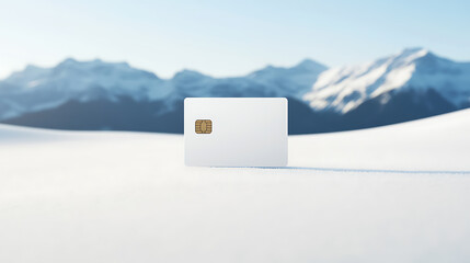 An image features a blank white card with an integrated chip, set against a backdrop of snow-covered mountains under a clear blue sky. It symbolizes financial security.