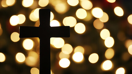 A minimalist image showcases a stark cross silhouette against a warm backdrop of blurred lights, blending faith with a serene, celebratory feel. A symbol of hope and devotion.