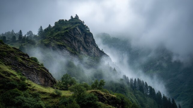 Fog drifts through a forested mountain area near a rocky cliff in the early morning. Trees are visible on the slopes as clouds linger above the landscape.