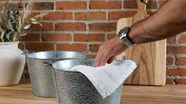 Person wringing a white towel over galvanized metal bucket on wooden countertop with brick wall background
