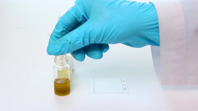 A scientist dips a capillary tube into a sample vial and spots it onto a marked Thin Layer Chromatography (TLC) plate for chemical separation analysis.