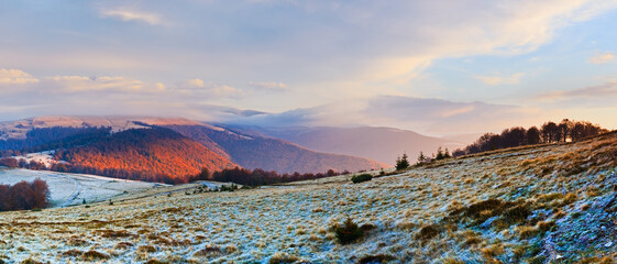 Autumn misty morning mountain hill