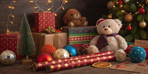 Fototapeta premium Christmas teddy bear with gift box full of colorful ornaments. Christmas background.