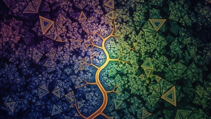 Abstract golden tree branches flourish amidst a vibrant, kaleidoscopic fractal pattern