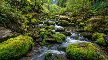 Obraz premium A stream flows over rocks covered with moss in a green forest. Sunlight filters through the trees creating a bright and fresh atmosphere. The water moves smoothly reflecting the surroundings.