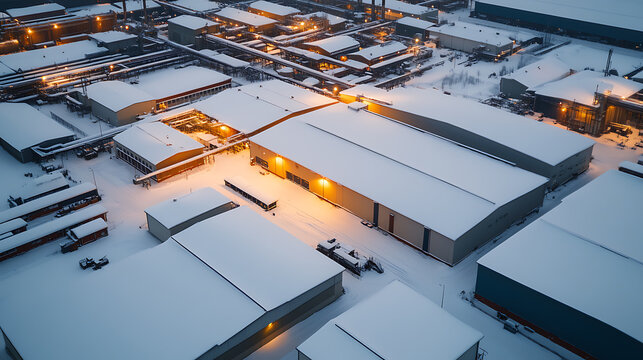 Aerial view of an industrial park blanketed in snow, buildings lit by warm lights, creating a striking contrast between cold white and the inviting glow of activity.