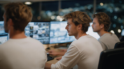 Software engineers huddling over multiple screens full of flashing error logs, solving a critical outage as the team works in frantic unison — tech urgency, crisis troubleshooting, and system
