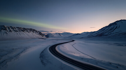 Serpentine road winds through a snowy valley under a pale aurora and starry sky. The landscape is dominated by snow-capped mountains, creating a serene, remote scene.