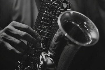 A hand plays a saxophone with intricate keys and a shining bell.