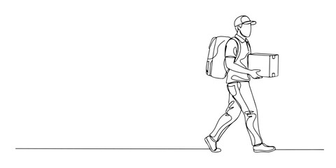 Continuous one line of a delivery worker with package, representing service, logistics, and efficiency, hand drawn vector illustration.