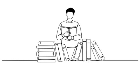 Continuous one line of a librarian with books,symbolizing knowledge, education, and culture, hand drawn vector illustration.