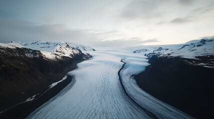 Majestic Glacier Valley: A breathtaking aerial view of a glacier flowing between snow-capped mountains under a cloudy sky, showcasing the beauty of nature's icy artwork.