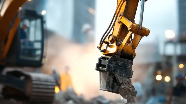 Hydraulic crusher attachment on excavator breaking concrete faceless operator controlling from defocused cabin above heavy duty construction equipment industrial crushing machin