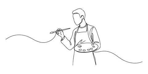 Continuous one line of an artist with paintbrush, symbolizing creativity, expression, and passion, hand drawn vector illustration.