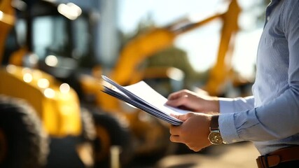 Faceless construction professional's hands holding documents defocused display of heavy machinery in background equipment purchasing discussion vehicle selection process