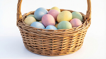 Fototapeta premium Wicker basket filled with pastel Easter eggs arranged on a clean white surface with soft shadows and ample empty space for text and graphic overlays, offering a seasonal composition for greeting cards