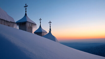 Snow-covered rooftops glisten at dawn, their crosses silhouetted against the vibrant sky, capturing a serene winter landscape. Icy edges frame the architecture.
