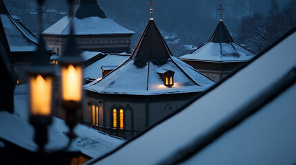 Charming winter scene showcasing snow-covered rooftops and the soft glow of lanterns on a crisp evening. Architectural beauty & serene ambience converge in this winter landscape.