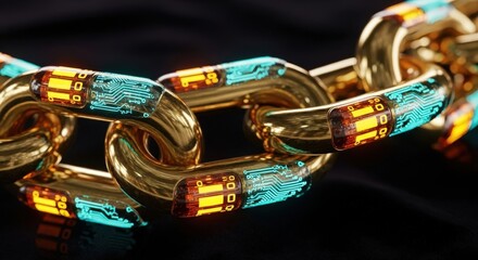 Golden blockchain chain links with glowing circuit patterns and digital data elements on a dark background