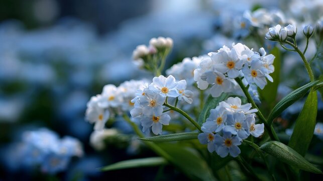 Close-up view of delicate white flowers with small yellow centers growing in a garden during daylight hours - Powered by Adobe