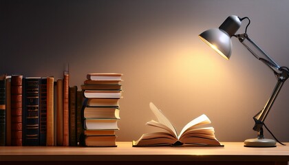 quiet study scene tall book stack glowing desk lamp and open book on minimalist table with generous copy space