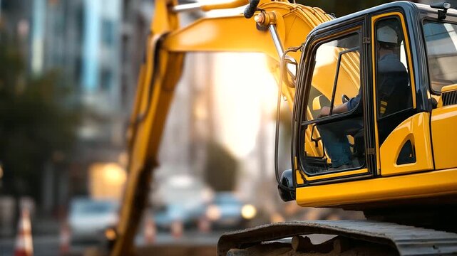 Bright yellow excavator positioned at construction zone faceless operator barely visible in cabin window hydraulic arm extended at dynamic angle defocused caterpillar tracks