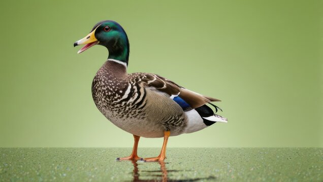 A detailed close-up of a mallard duck standing on a reflective surface with a green background.
