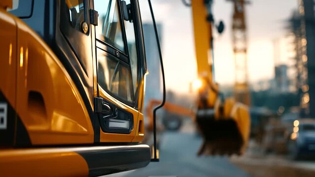 Heavy duty construction equipment close up detail faceless operator cabin barely visible defocused industrial work site background powerful earthmoving machinery large scale