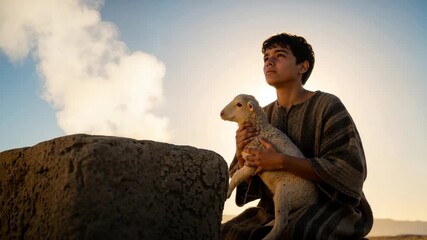 Young shepherd boy holding a lamb and gazing upward at sunset. Biblical scene of a child kneeling with a sheep in a desert environment. Religious faith and nativity concept