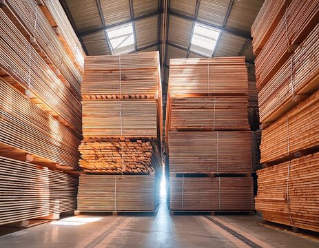 stacked wood panels in a well lit warehouse showcasing timber processing and storage techniques during daylight hours