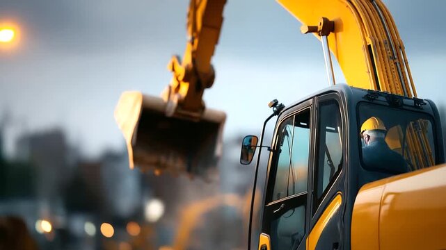 Bright yellow excavator at dynamic angle faceless operator barely visible through cabin glass hydraulic arm and bucket in sharp focus defocused construction site background