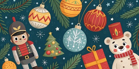 Fototapeta premium Christmas festive background with toys ornaments and holiday decorations on winter surface.