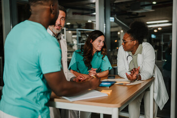 Medical team collaborating discussing patient care at night